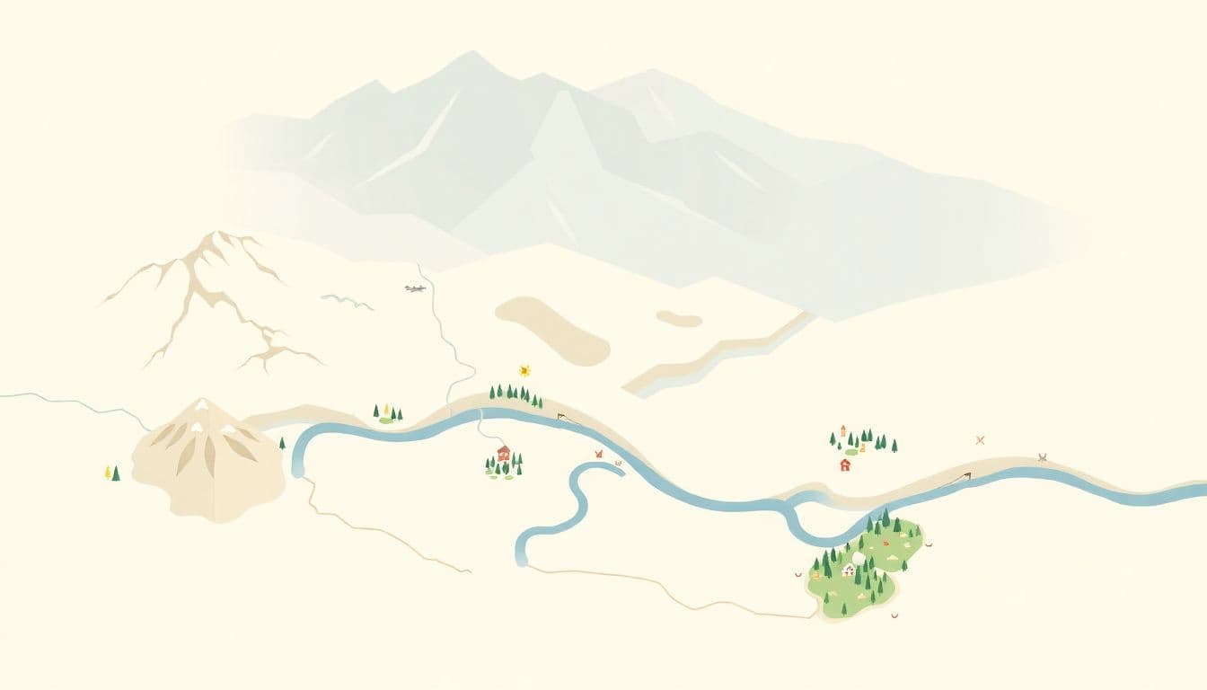 Minimalist fantasy map featuring subtle landforms, simple mountain ranges, a winding river, and small icons for forests and villages, all in soft colors.