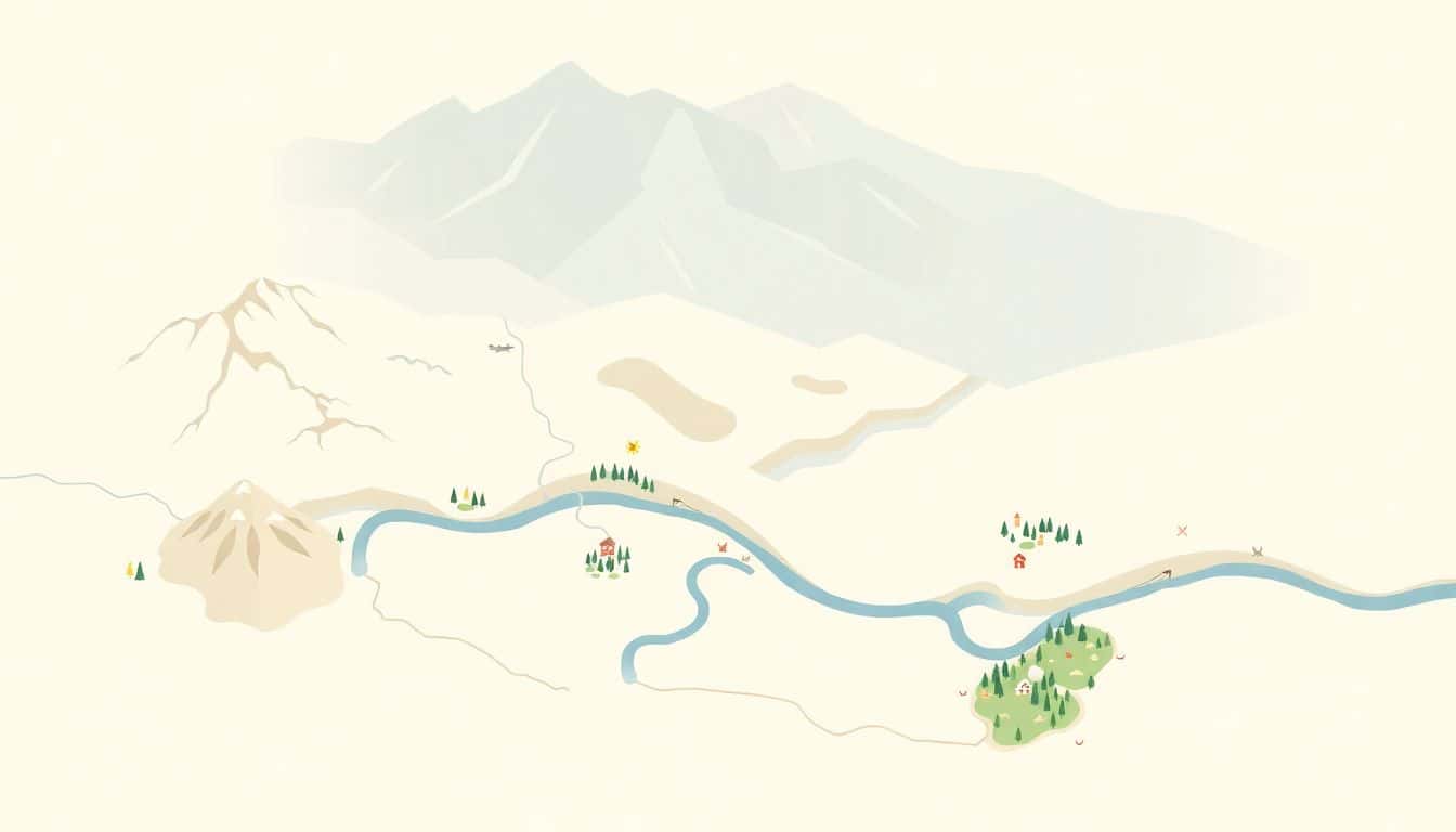 Minimalist fantasy map featuring subtle landforms, simple mountain ranges, a winding river, and small icons for forests and villages, all in soft colors.