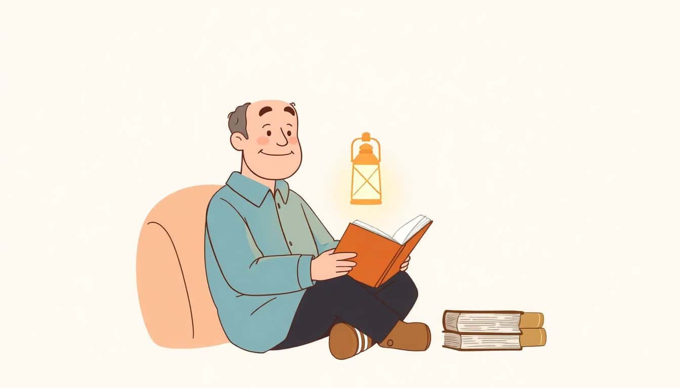 A classic storyteller sits comfortably with a glowing lantern, illuminating an open book in a minimalist setting that evokes warmth and whimsy.