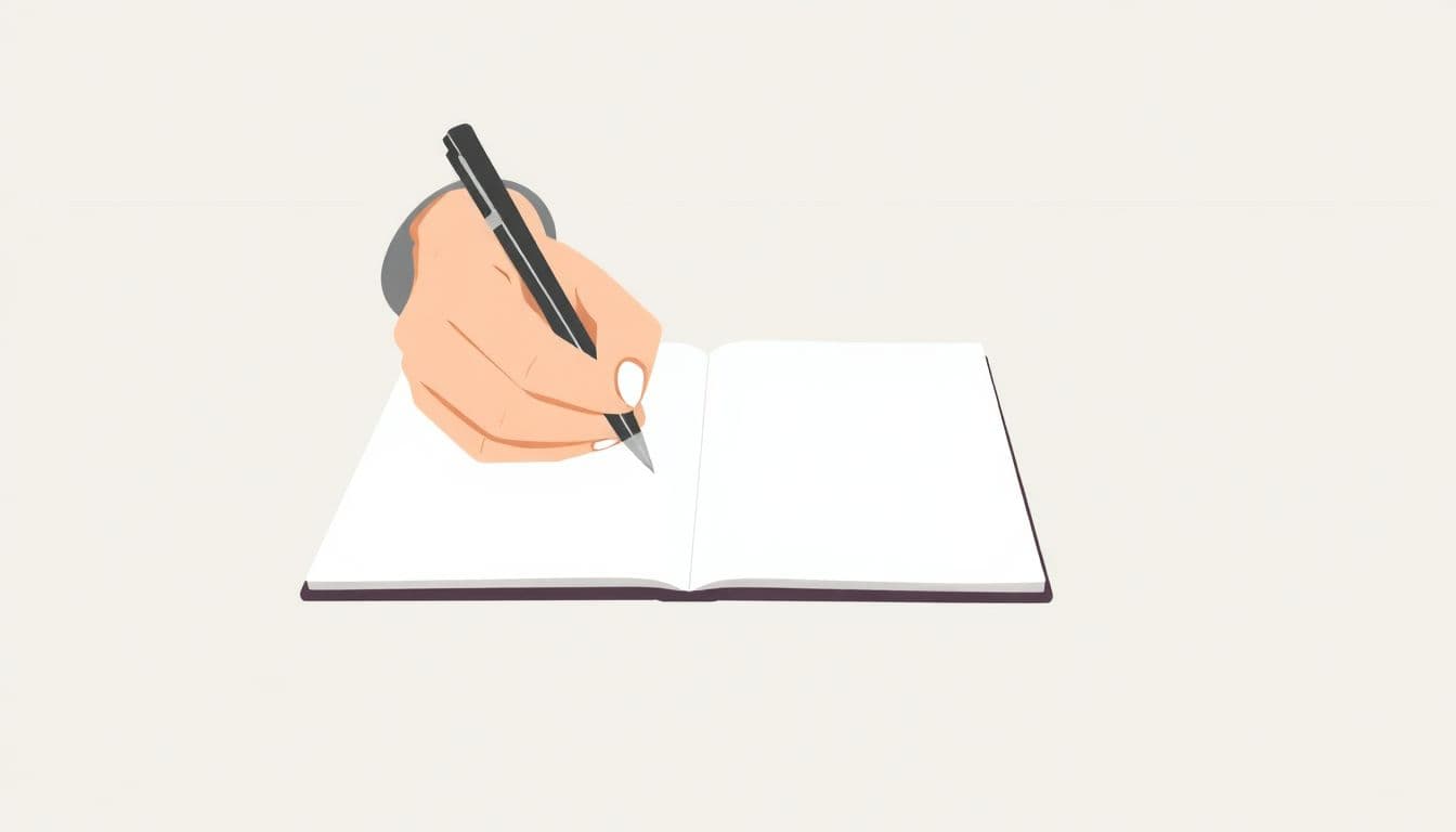 A person writing a plot summary in a notebook, surrounded by a calm and minimalistic setting with soft, neutral colors.