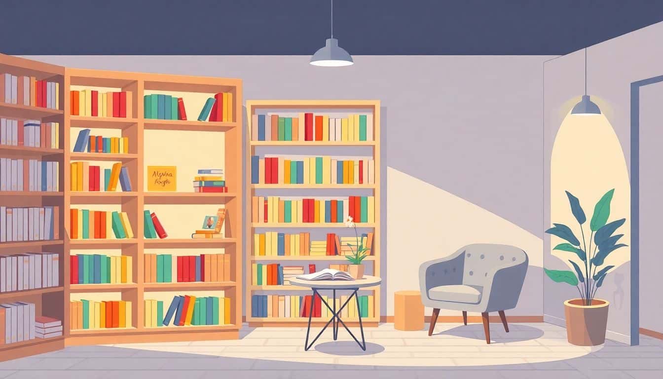 Cozy bookstore scene featuring a well-lit bookshelf with colorful books, a comfortable reading nook with a small table, and a plant, all in a minimalistic style.