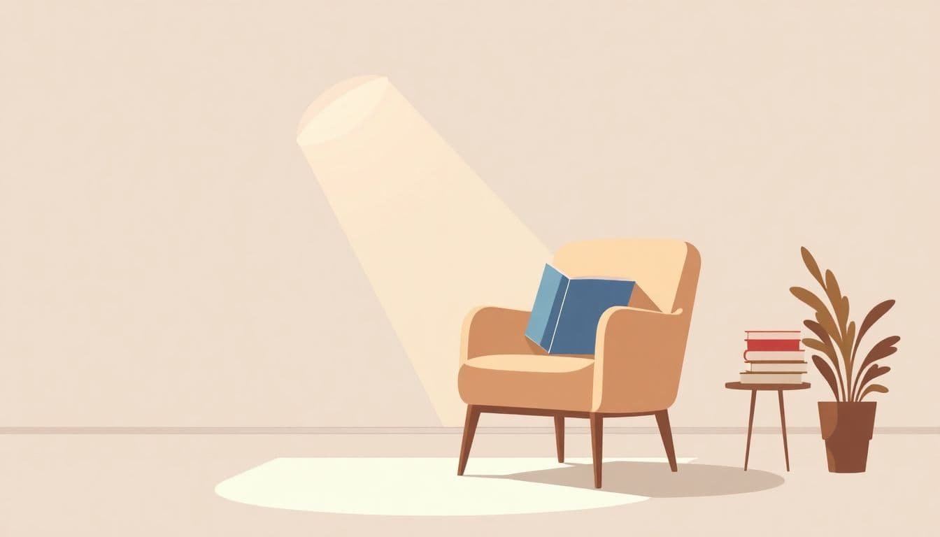 Minimalist illustration of a cozy reading scene featuring an elegant chair with a book, warm soft lighting, a small stack of books, and a gentle glow suggesting data insights.