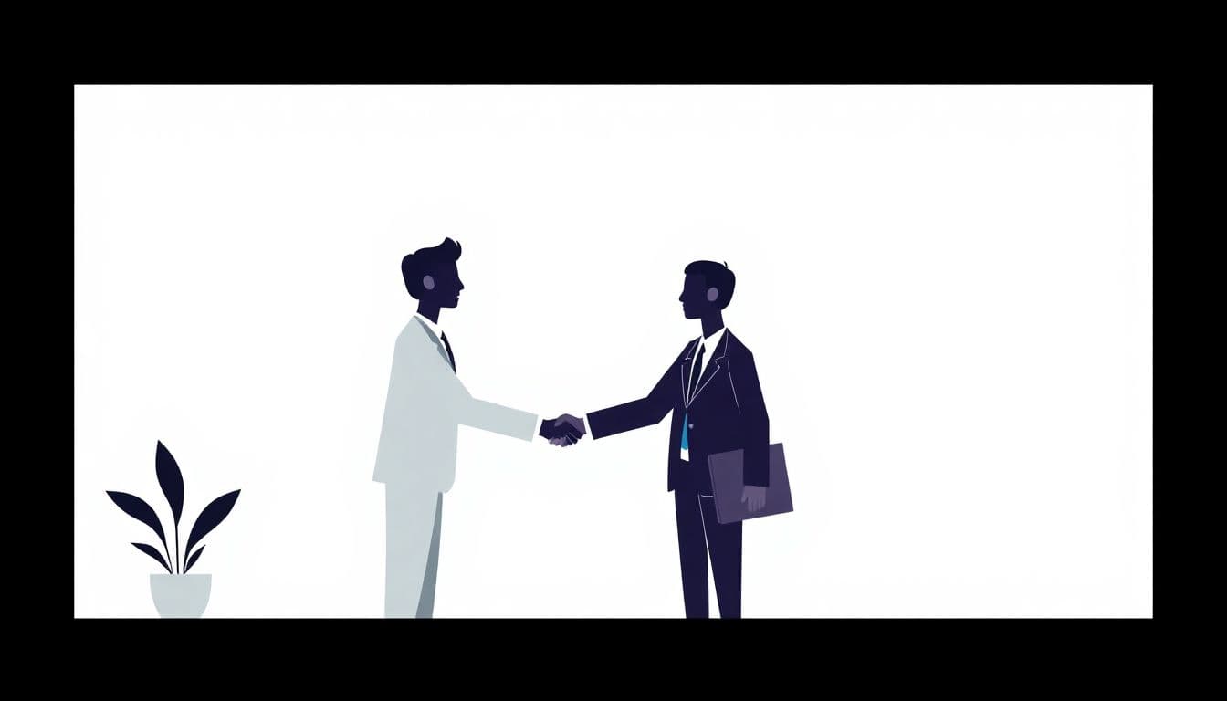 Minimalist illustration of two figures shaking hands and exchanging ideas in a professional setting, against a clean background with soft colors, symbolizing a strong publishing partnership.