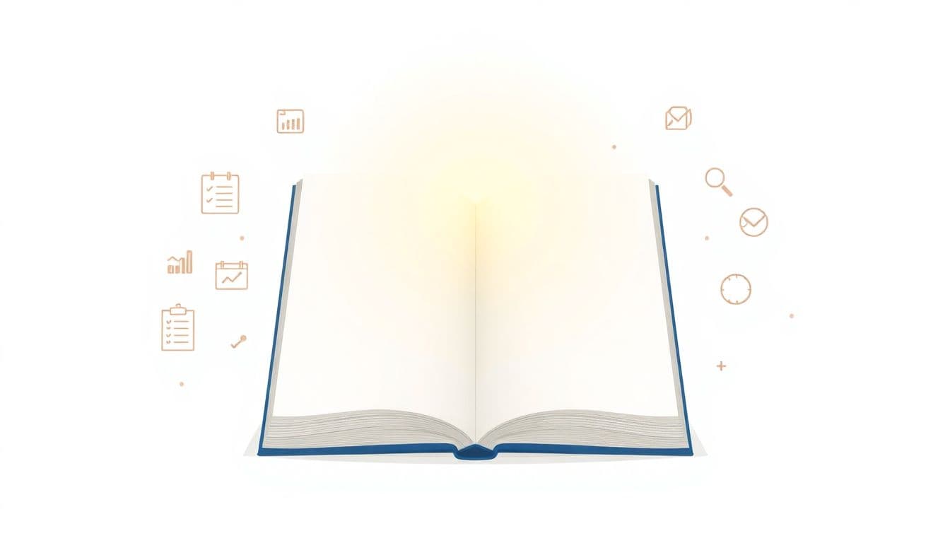 Minimalist illustration of a sleek, open business notebook emitting a subtle glow, with abstract icons of checklists, guides, and tools in a clean, light-toned background.