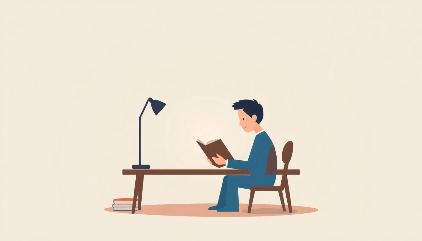 An illustration of a focused storyteller at a desk with an open book, surrounded by a calm, minimalistic background in soft, muted colors.