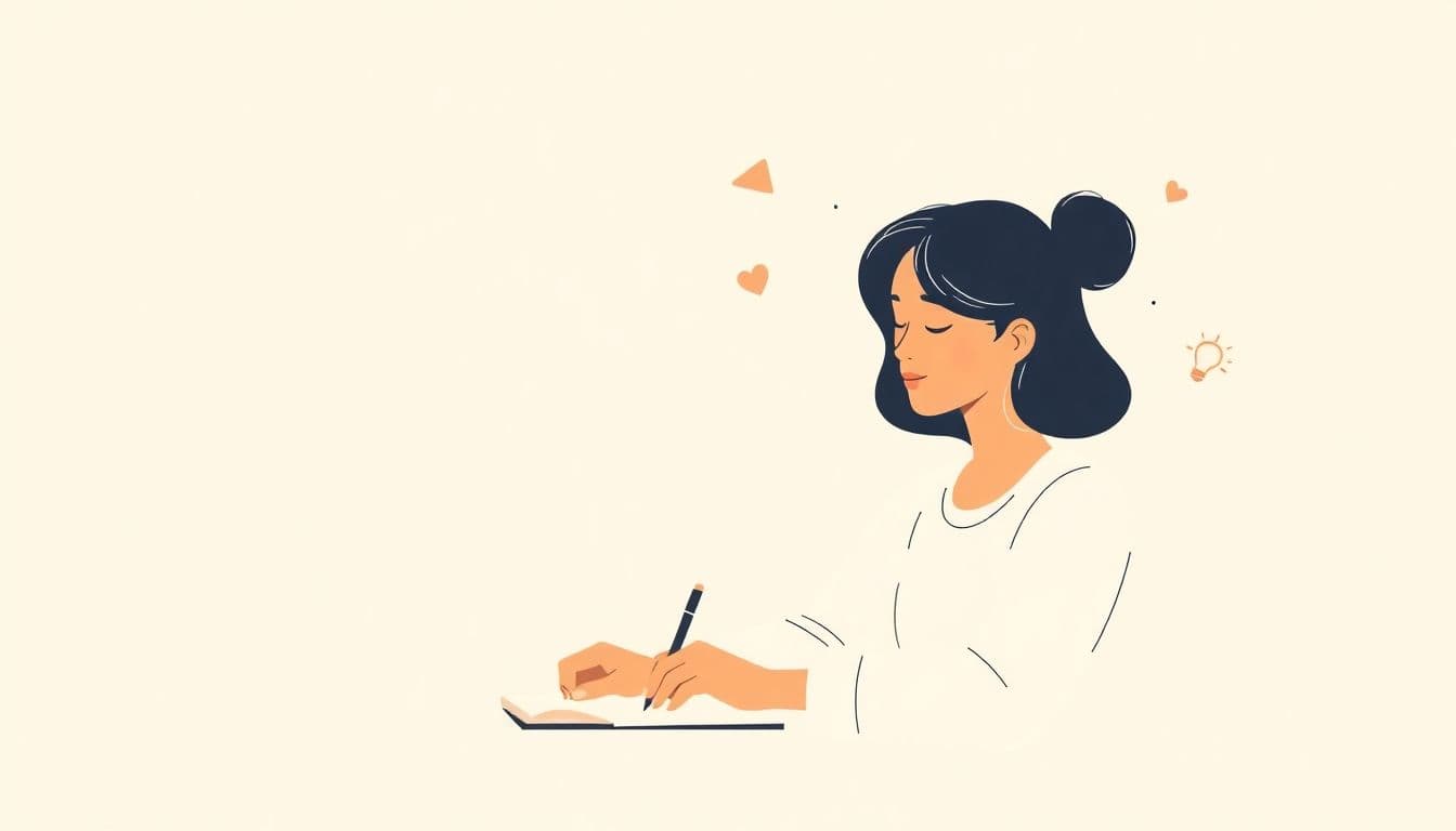 A person writing with subtle symbols of engagement like a speech bubble, heart, and lightbulb, set against a clean background in soft colors.