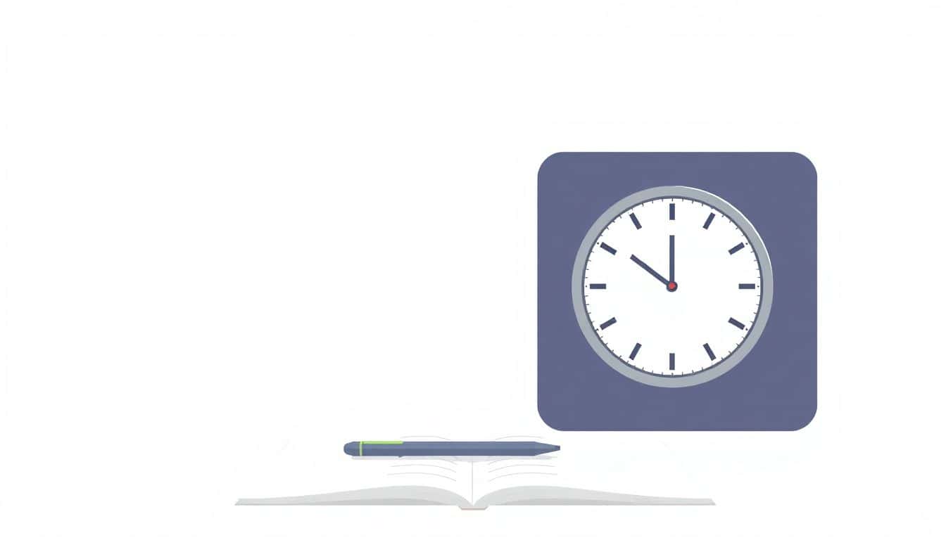 Minimalist illustration of a calm workspace featuring a sleek clock, a neat planner with a pen, and subtle icons symbolizing focus and time management in soft, inspiring colors.