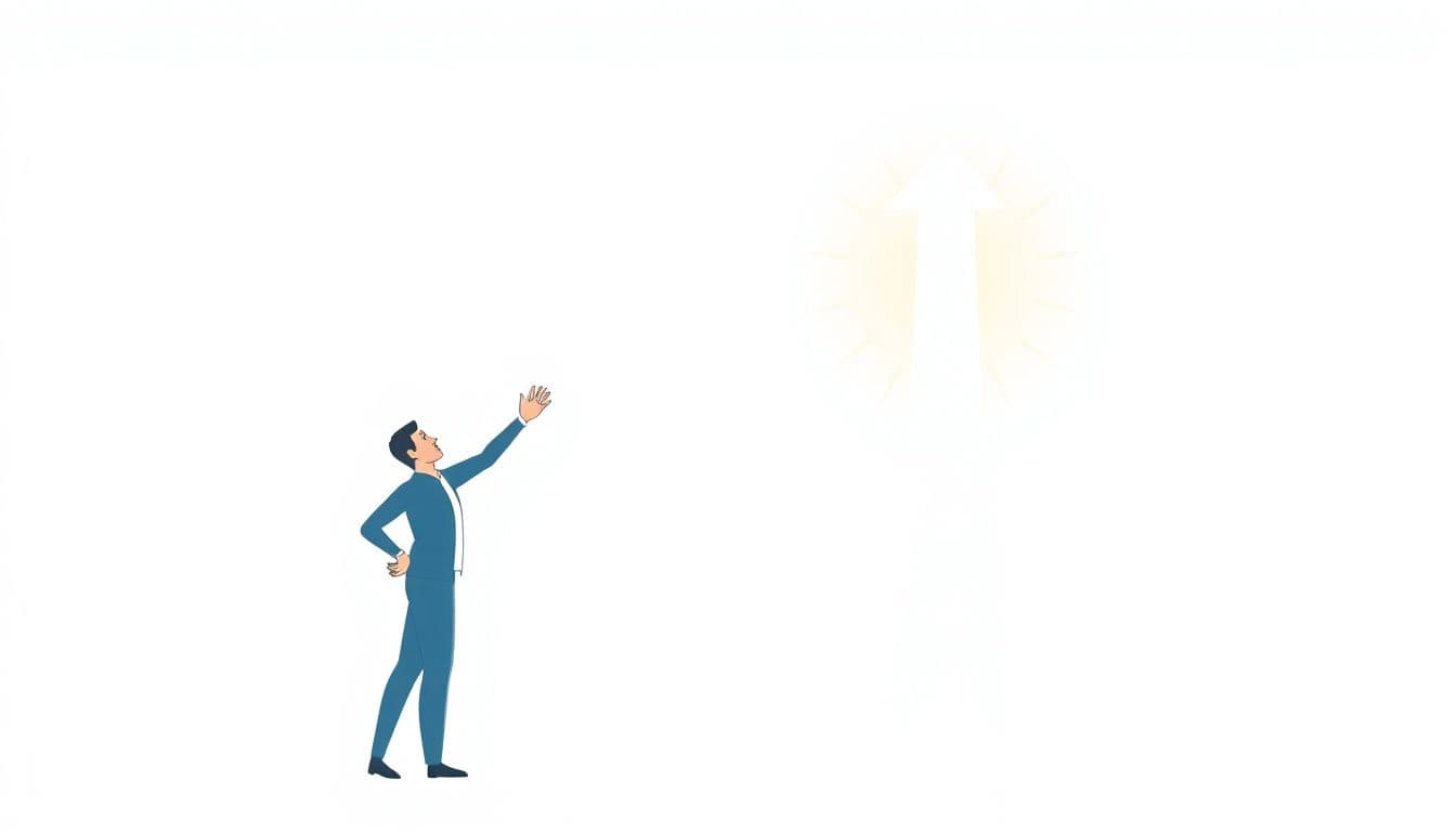 Minimalist illustration of a confident person reaching towards a shining upward arrow, symbolizing growth and success.