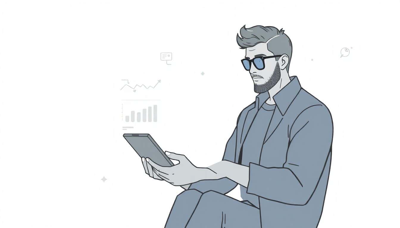 A confident writer analyzes trending topics on a sleek digital device, surrounded by subtle visual cues of ideas and trends in a calm, minimalist setting.