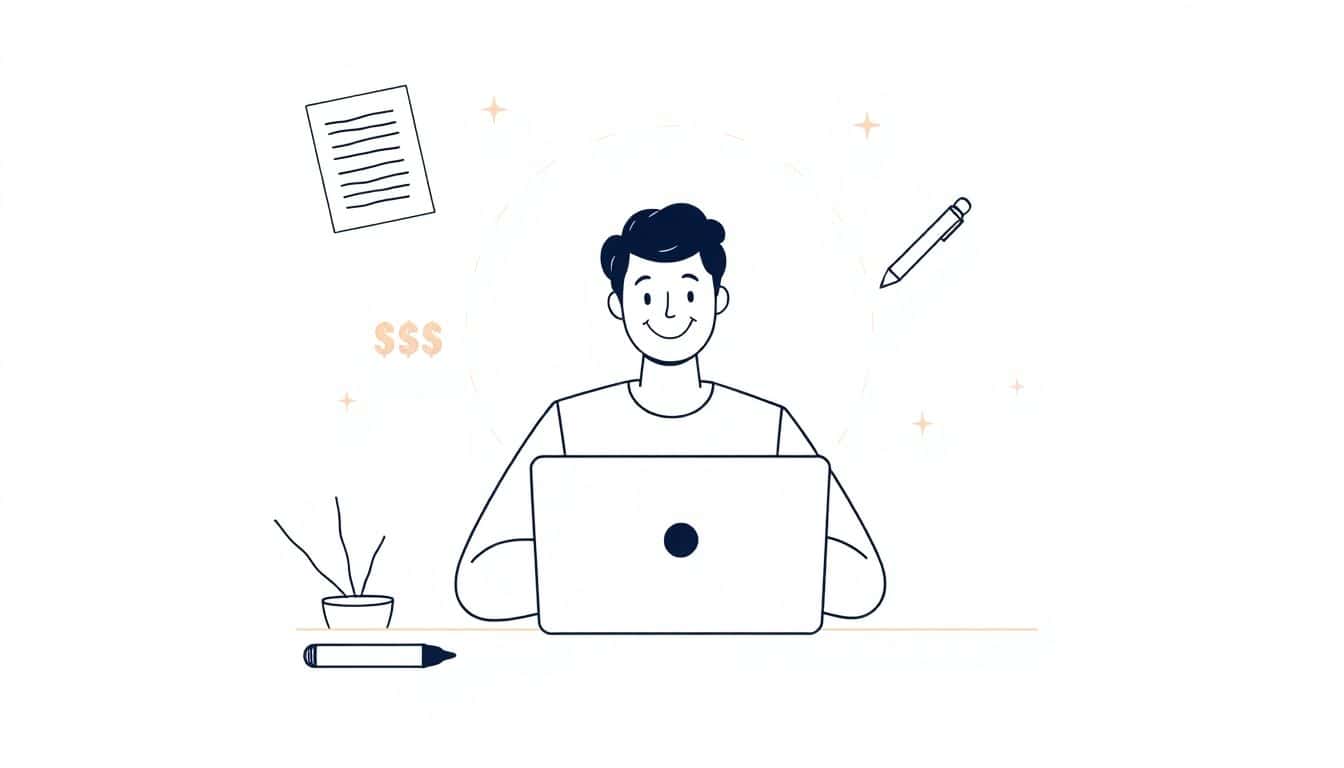 Minimalist illustration of a person smiling while working on a laptop, surrounded by symbols of writing and online work, including a document, pen, and dollar sign, in soft colors and clean lines.