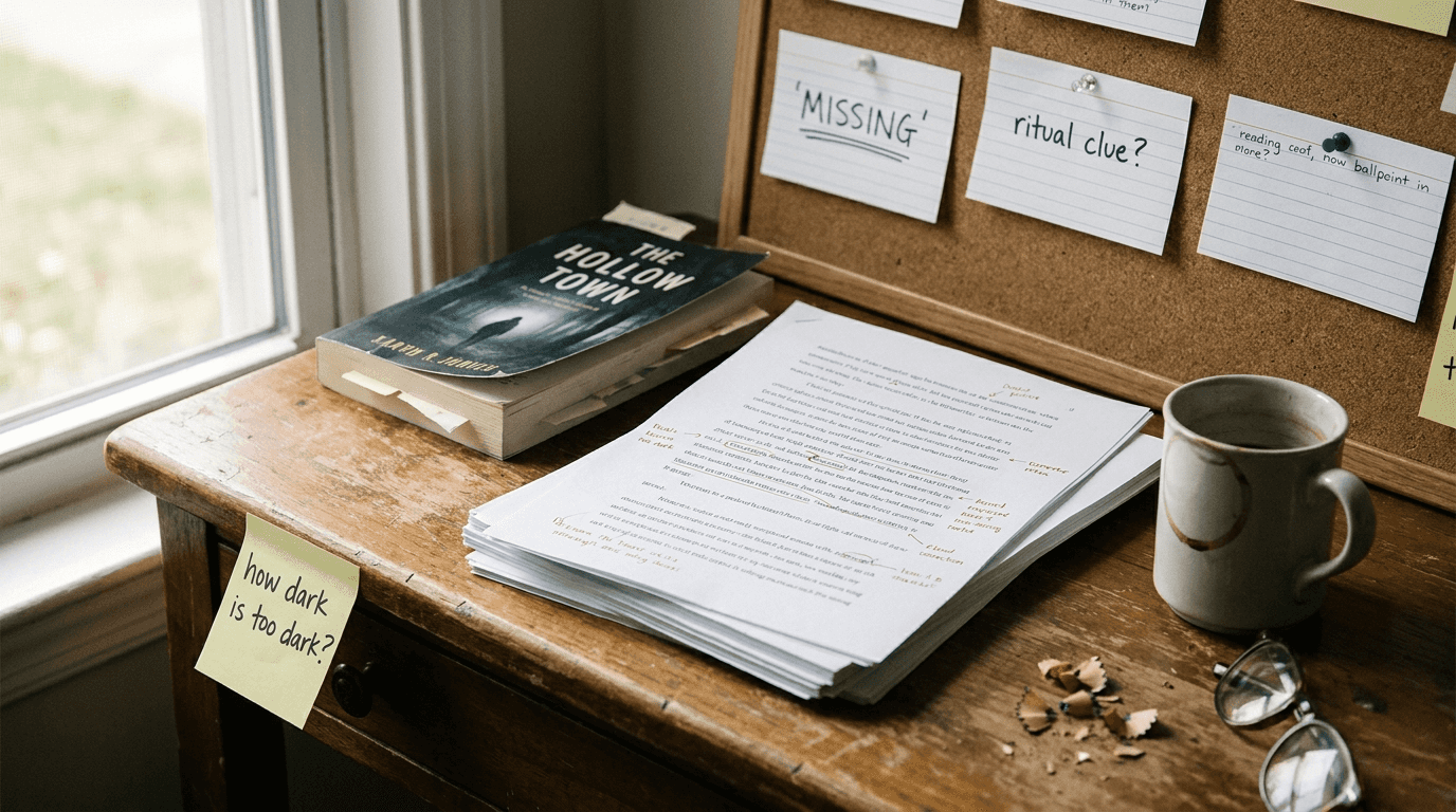 A crime-mystery writer's desk with manuscript pages, index cards reading 'MISSING' and 'ritual clue?', and a sticky note asking 'how dark is too dark?'