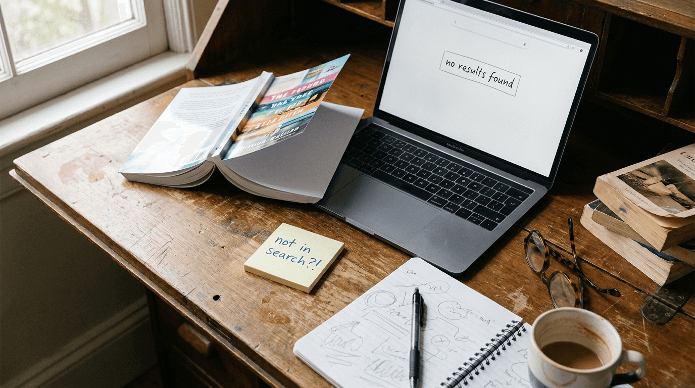 A self-published author desk: an open paperback beside a laptop showing a search page with no results found, and a handwritten sticky note reading not in search.