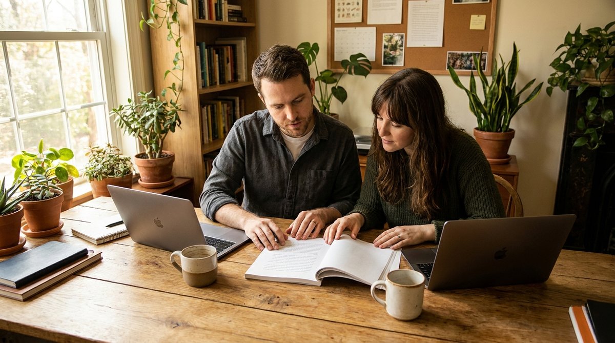 Two co-authors collaborating over a shared contract and laptops at a desk