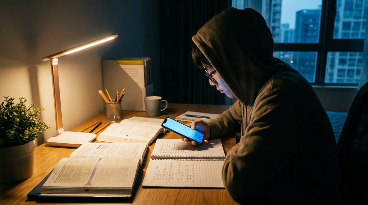 A student using an AI homework helper on a smartphone while studying with textbooks