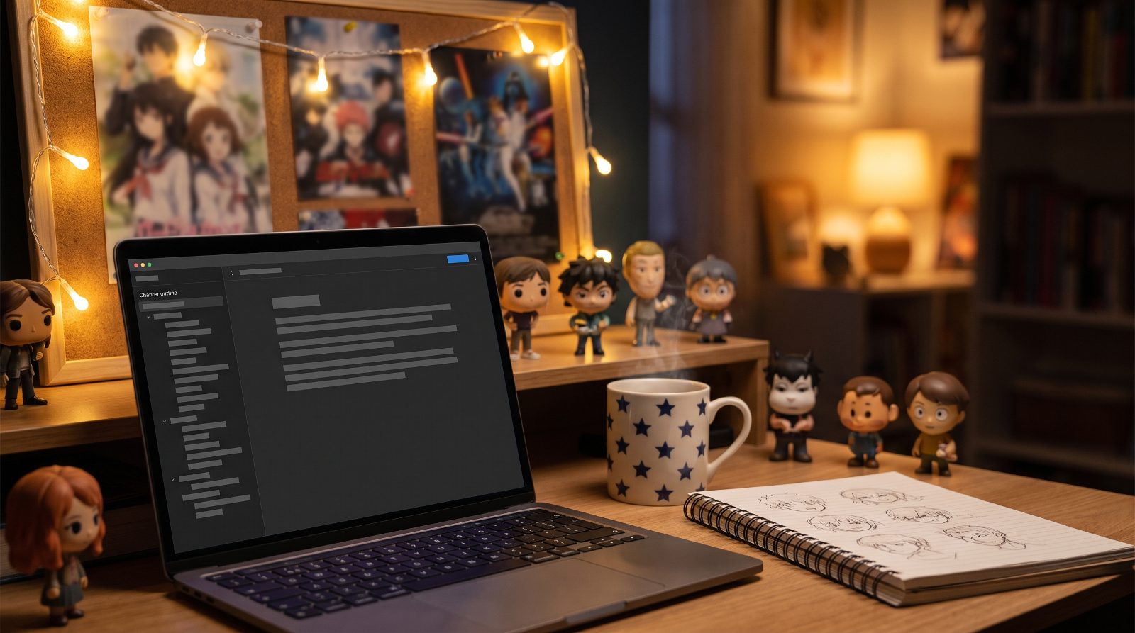 Cozy fanfiction writer desk at night with laptop open in a fiction writing app