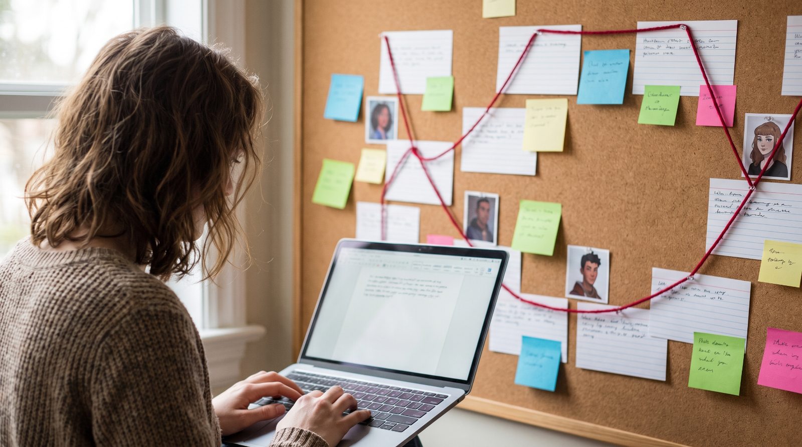 Writer planning a fanfic story arc with index cards and outline before AI generation