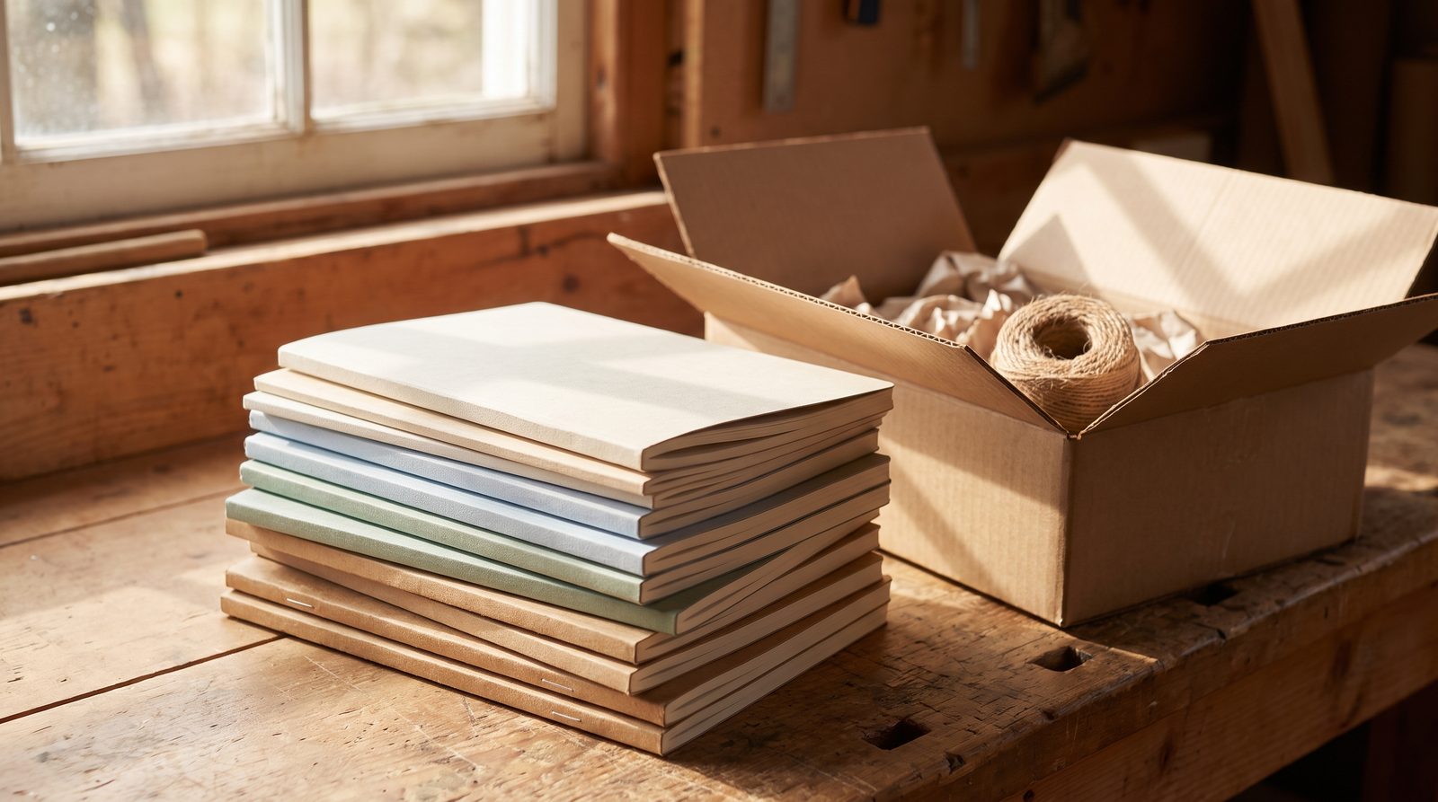 Stack of printed guided journals ready to sell