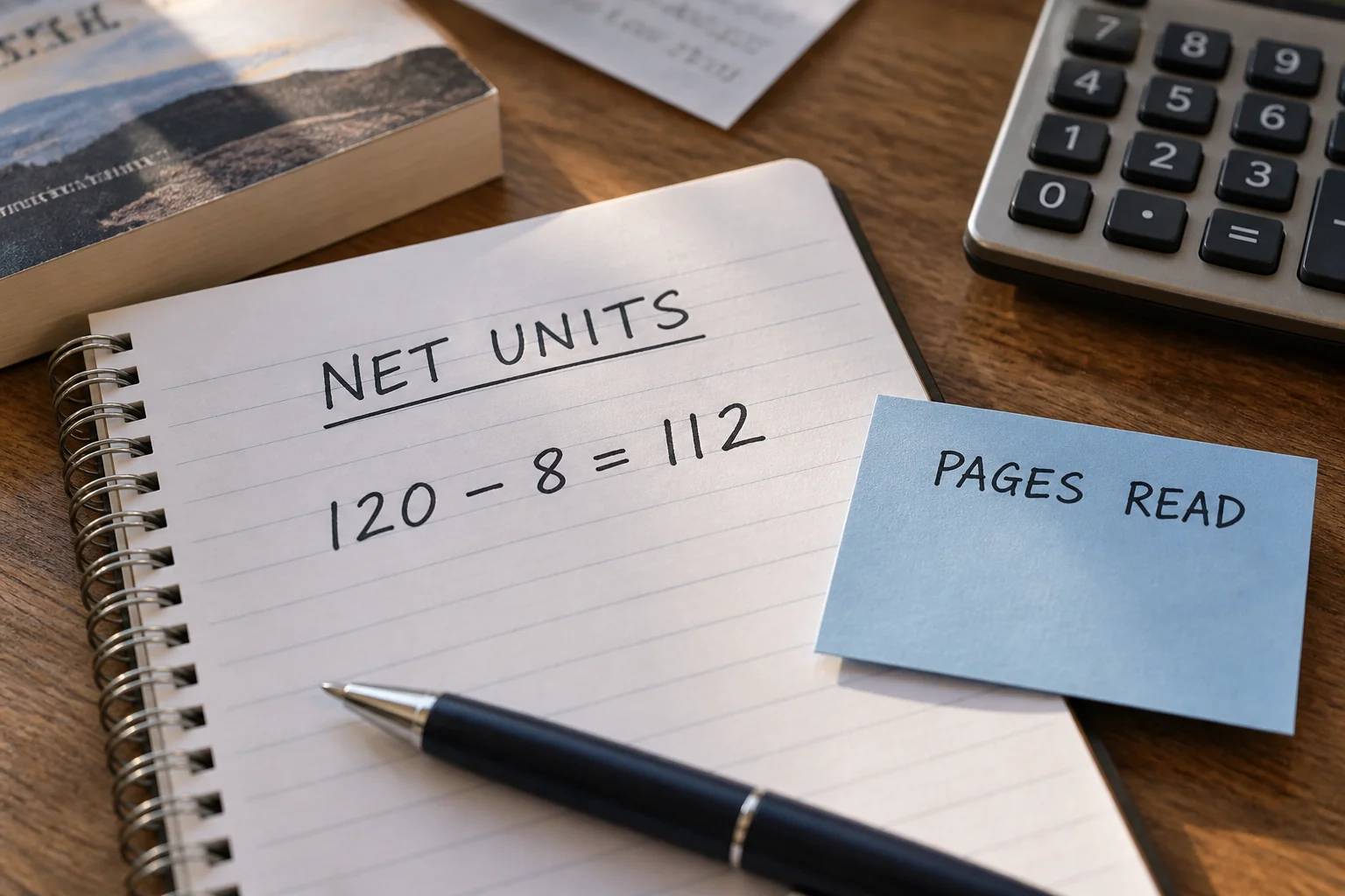 Sales notebook showing 120 sold minus 8 refunded equals 112 net units