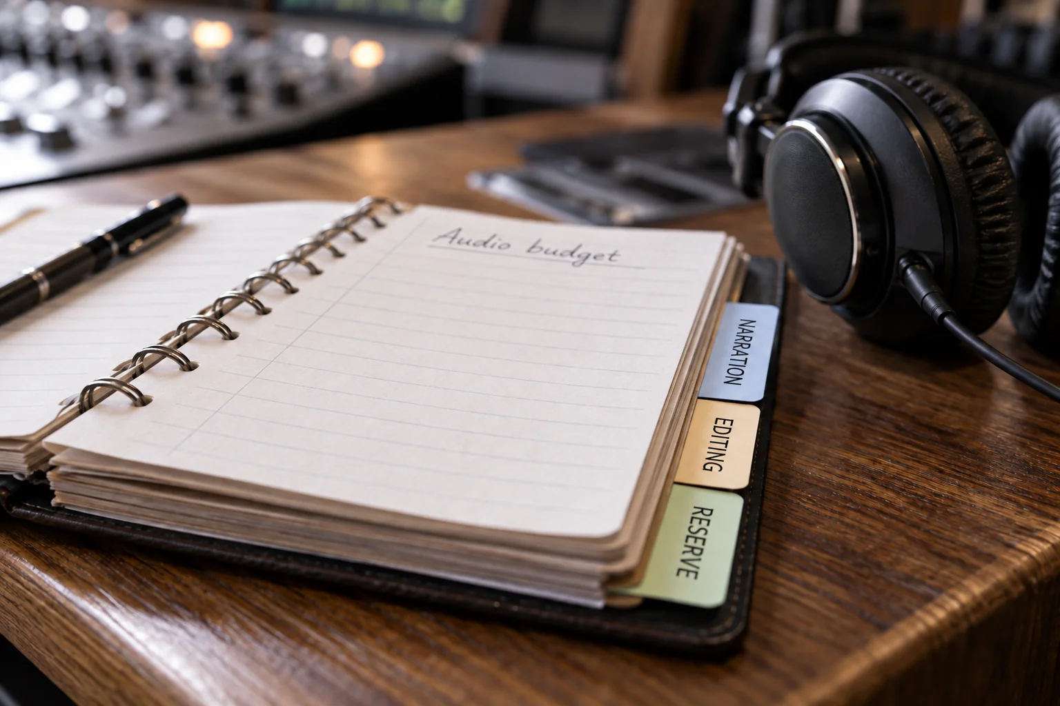 Audiobook budget notebook with Narration, Editing and Reserve labels
