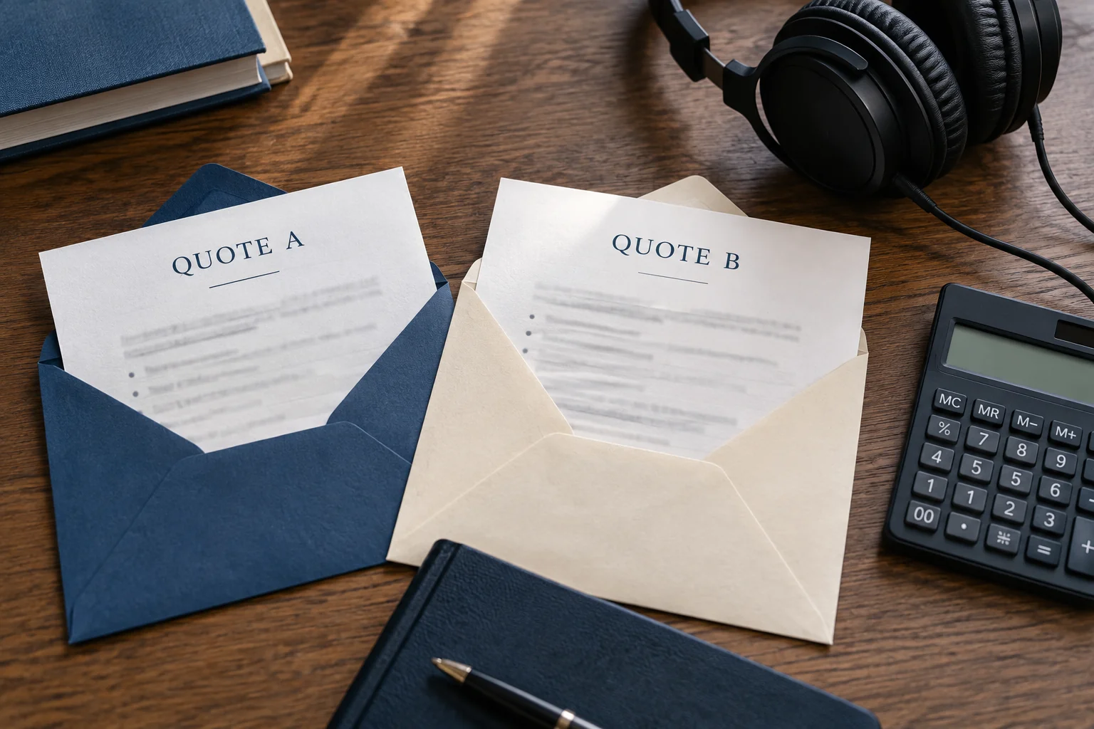 Two audiobook production quotes beside headphones and a calculator