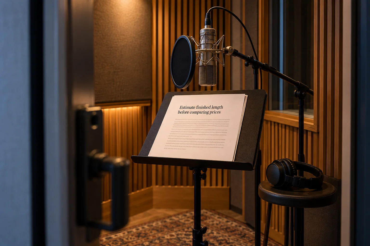 Audiobook recording booth with a microphone and manuscript stand