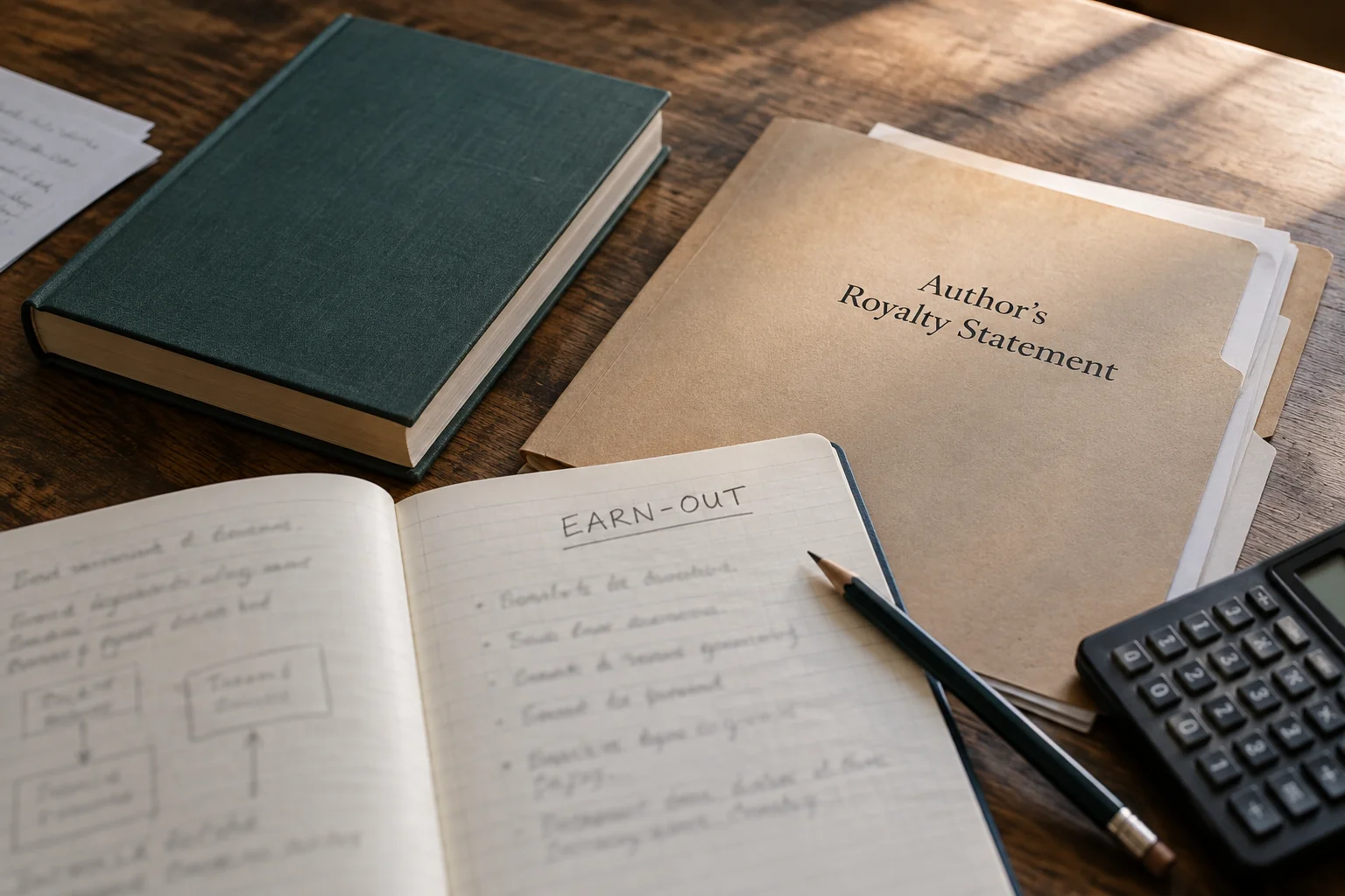 Royalty statement and earn-out notebook beside a book