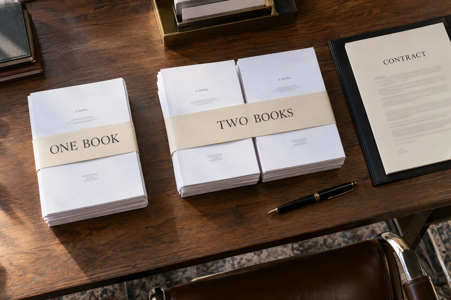 One-book and two-book manuscript bundles on an agent’s desk