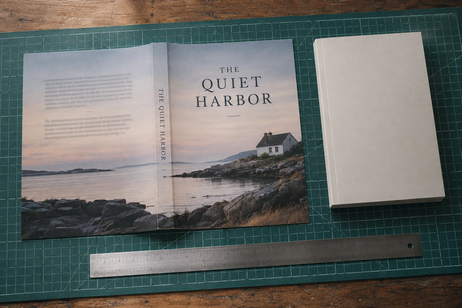 Paperback cover wrap with back, spine and front panels laid flat
