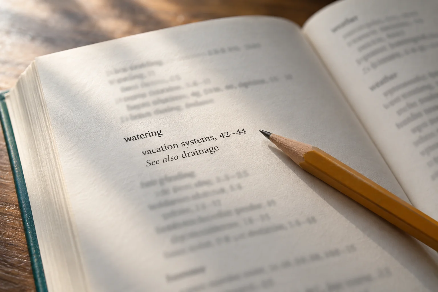 Printed index entry for watering with a subentry and cross-reference