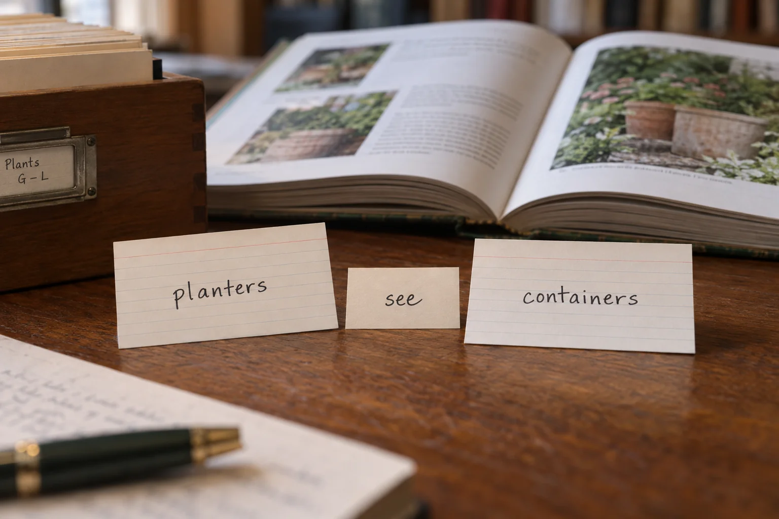 Index cards connecting the equivalent terms planters and containers