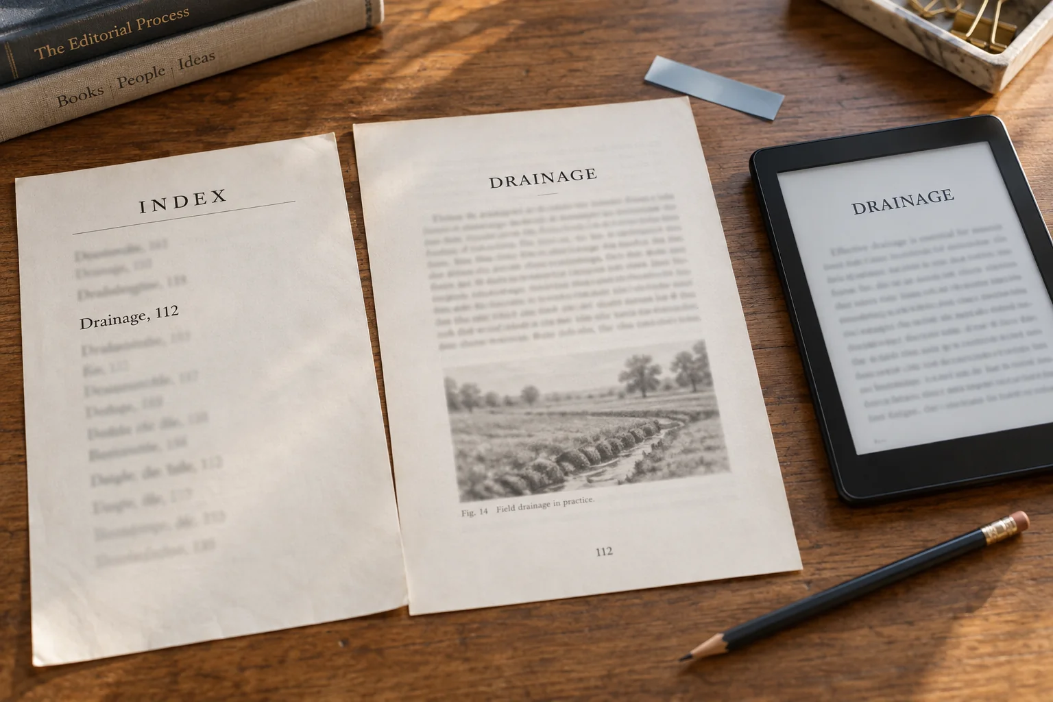 Separate printed index and destination proofs beside an e-reader