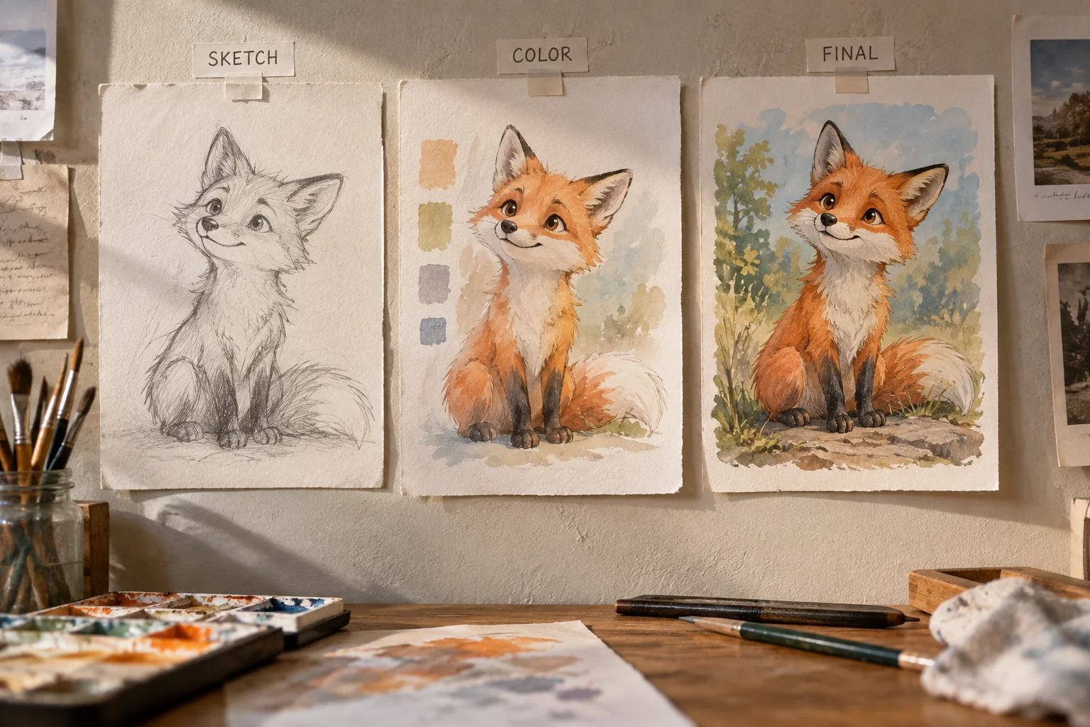 Fox character progressing from sketch through color study to finished art