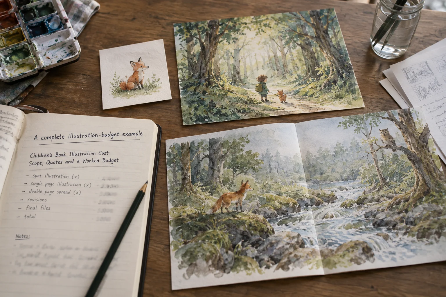 Spot illustration, single-page artwork and two-page spread