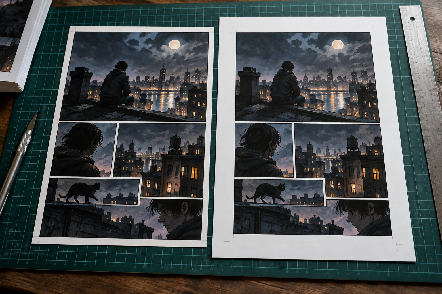 Two wordless comic proofs with different outer bleed margins
