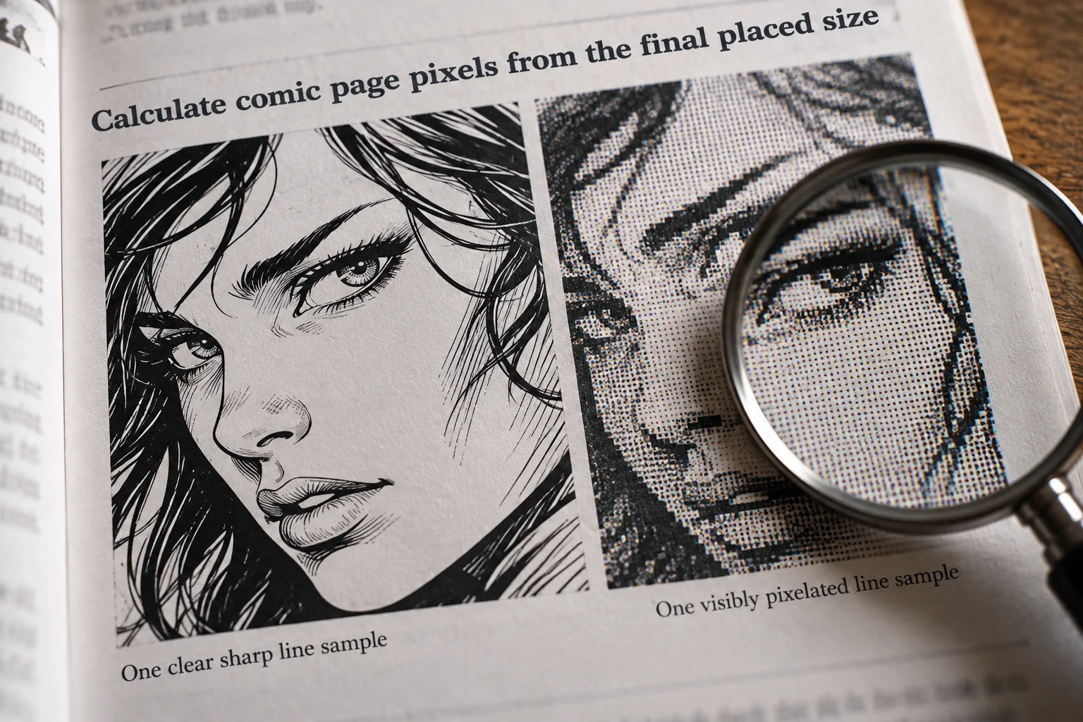 Detailed comic artwork beside a coarse printed enlargement