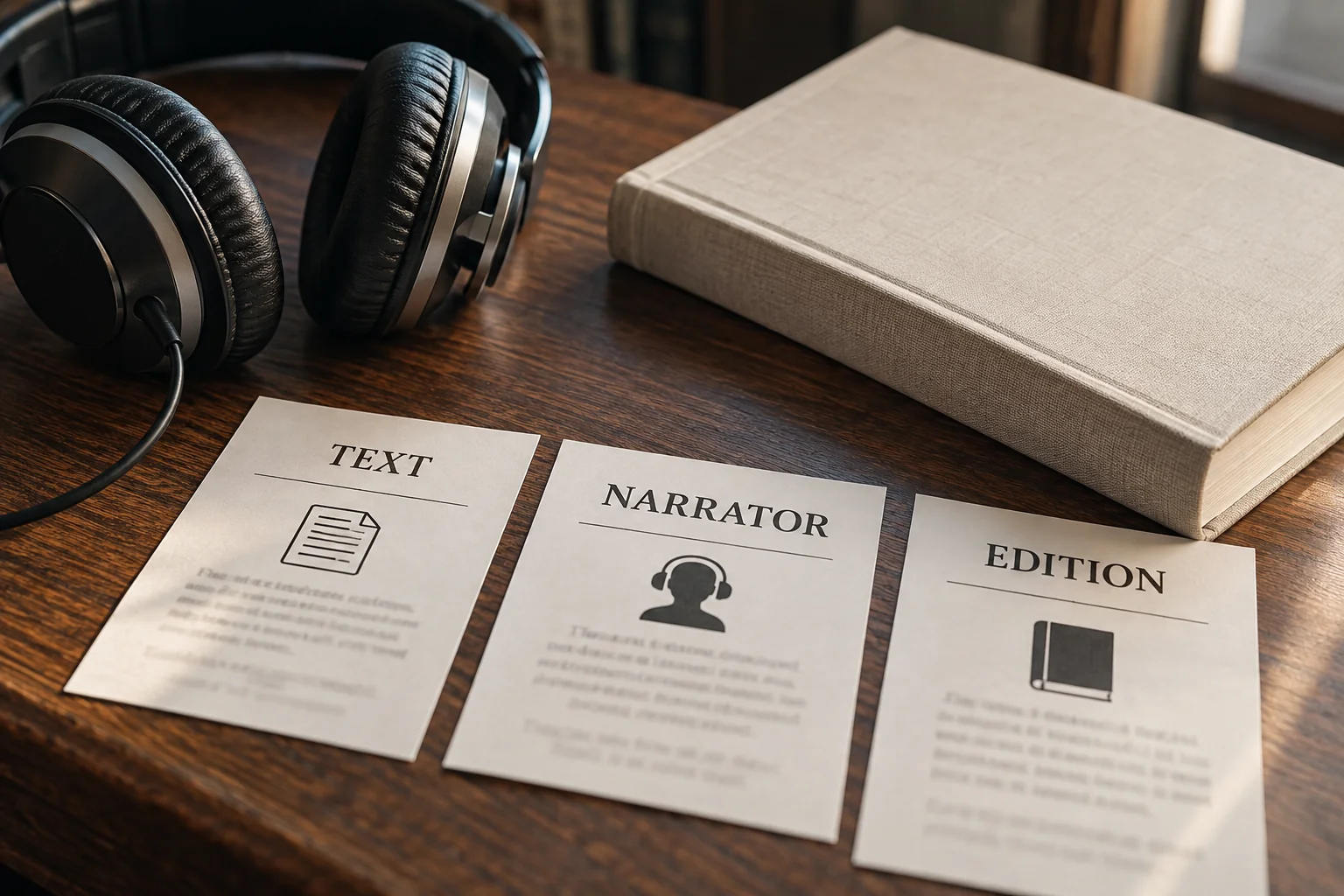 Audiobook cards identifying text, narrator and edition