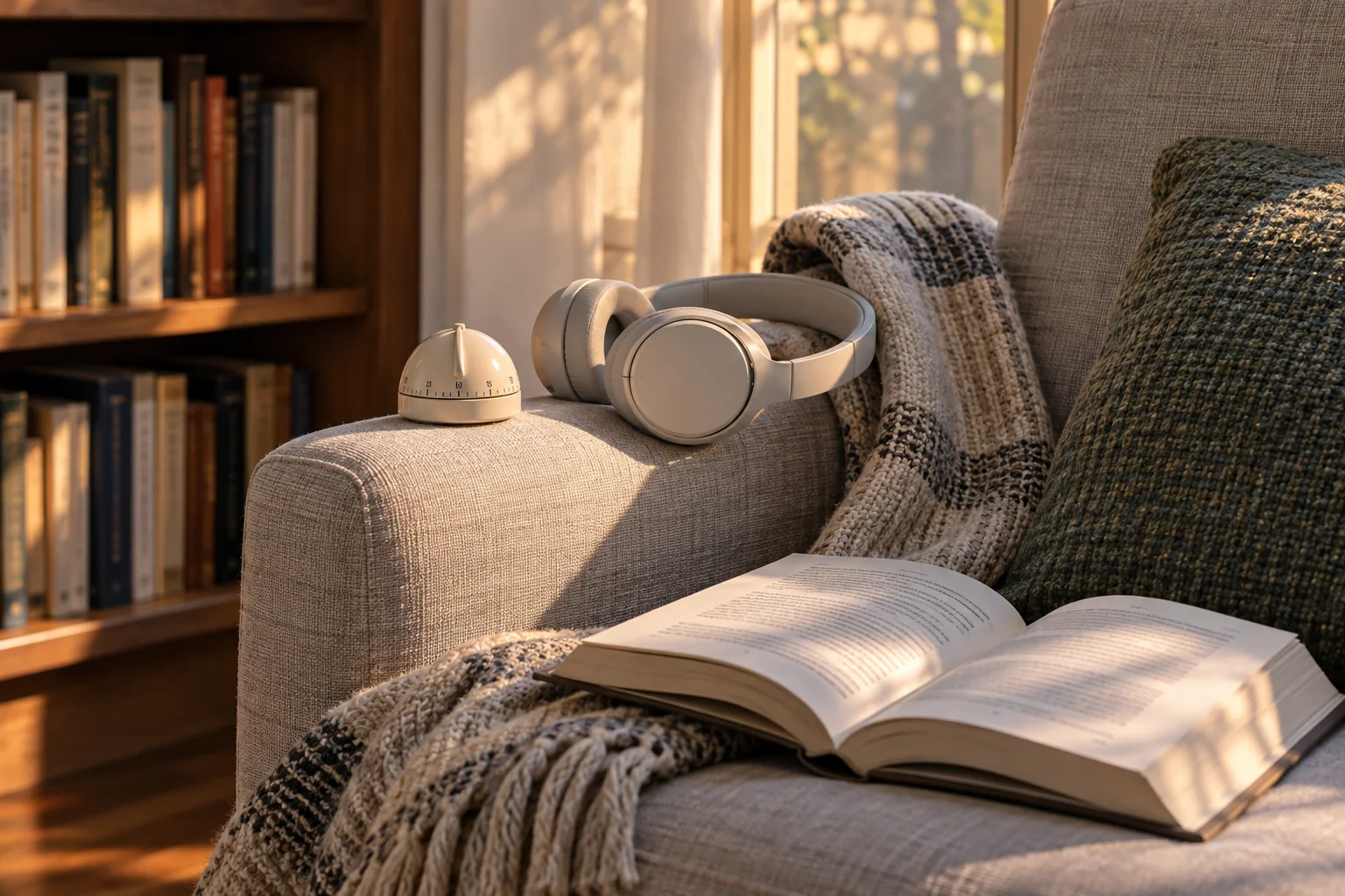 Open novel, timer and headphones in a reading chair