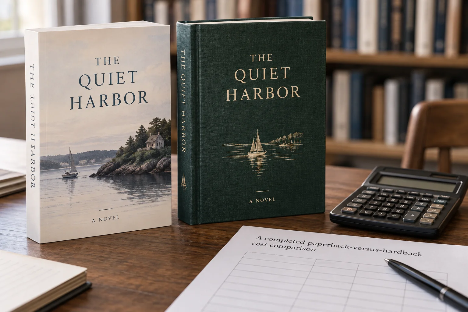 Paperback and hardback editions beside a pricing worksheet