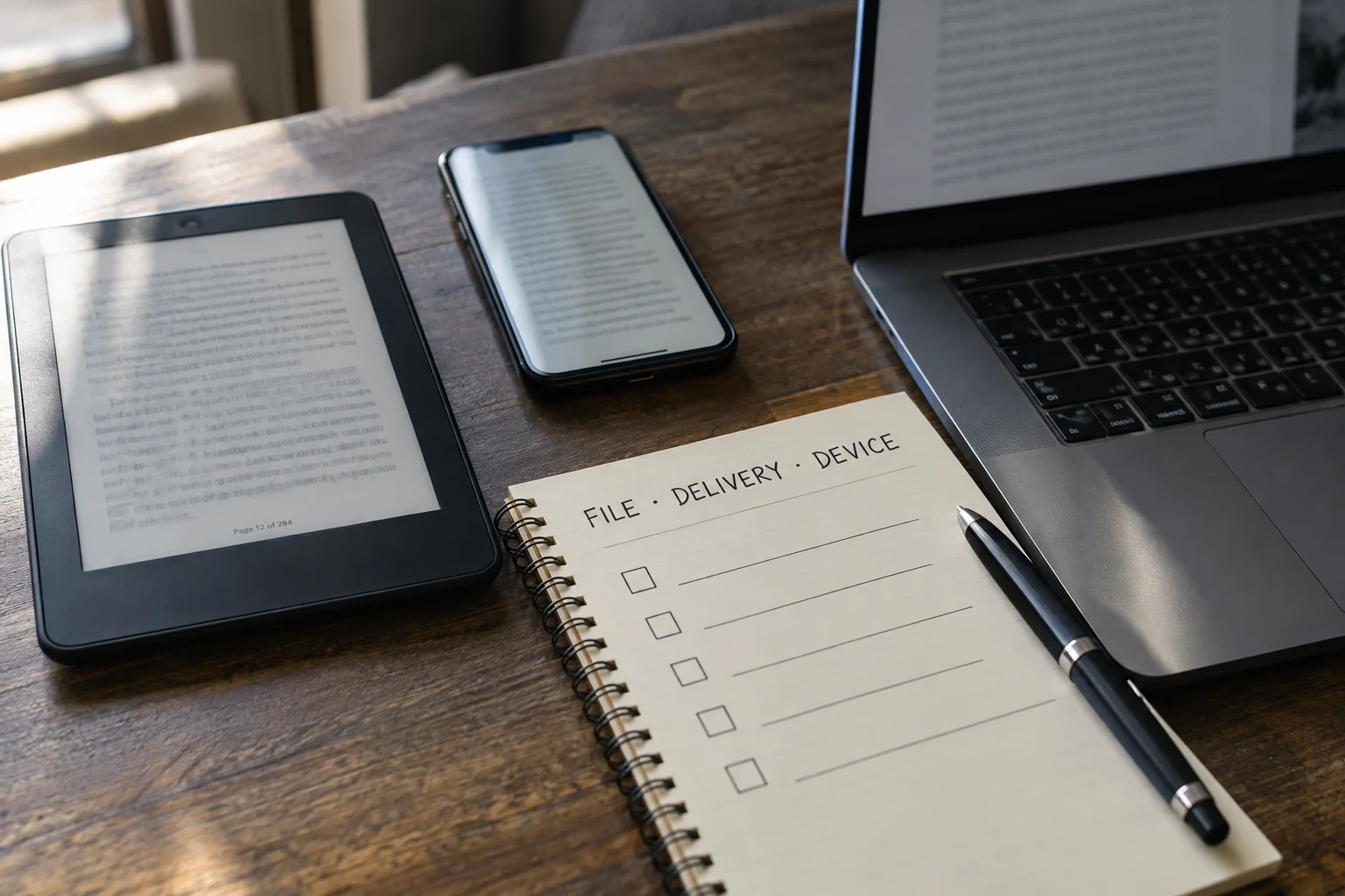 E-reader troubleshooting checklist beside a phone and laptop
