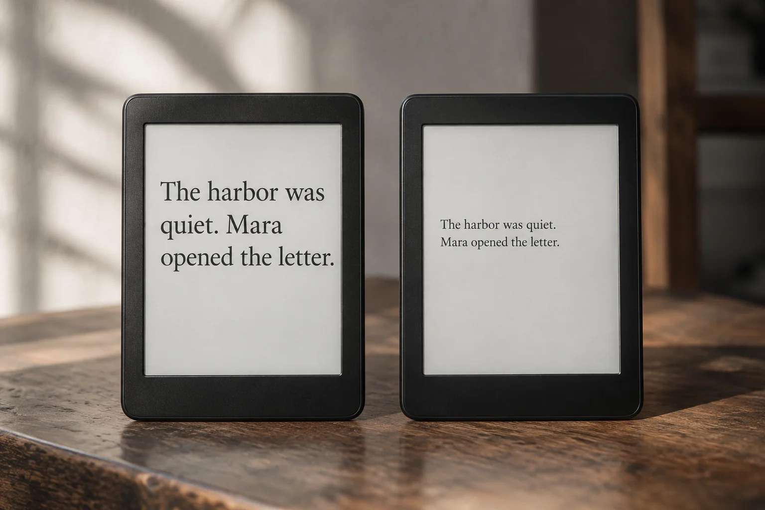 The same paragraph displayed on e-readers at two font sizes