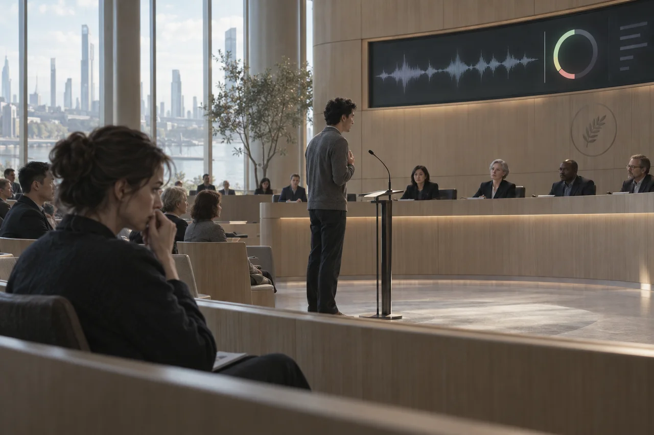 A defendant delivers an apology beneath a sincerity score while a speech coach watches from the gallery.