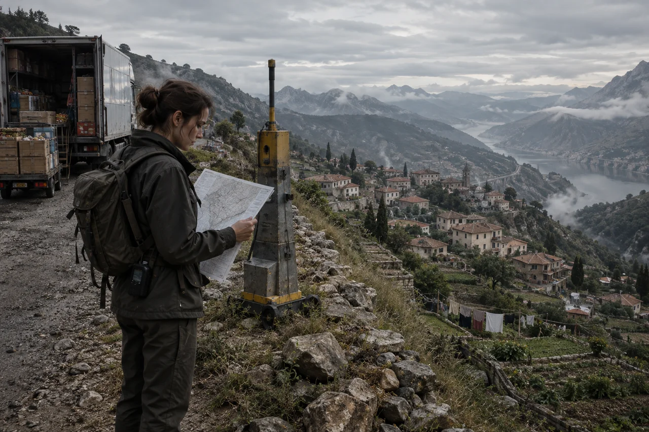 A surveyor beside a delivery truck looks down at a hillside town missing from the official map.