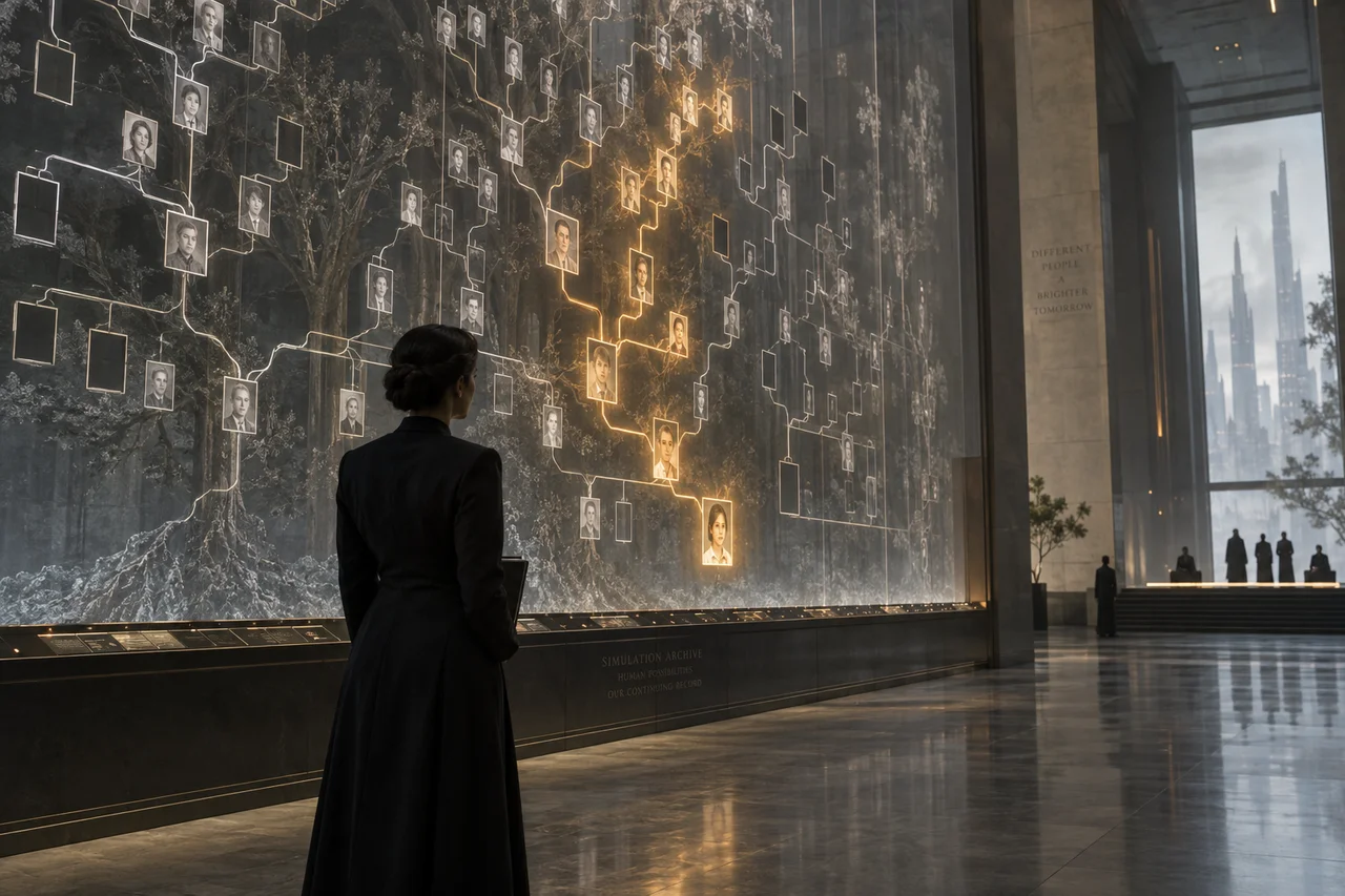 An auditor studies a wall of simulated family trees with gaps and a newly restored branch.