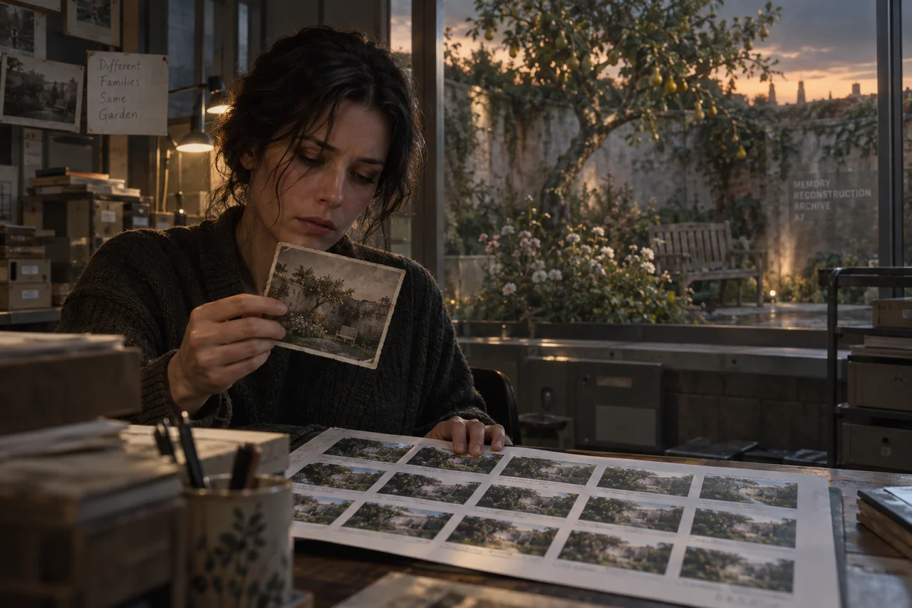 A memory technician compares a childhood garden photograph with identical images in unrelated family records.