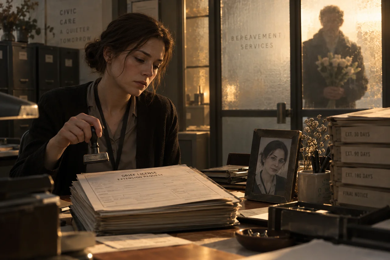 A bereavement clerk pauses over an extension form beside a memorial portrait resembling herself.
