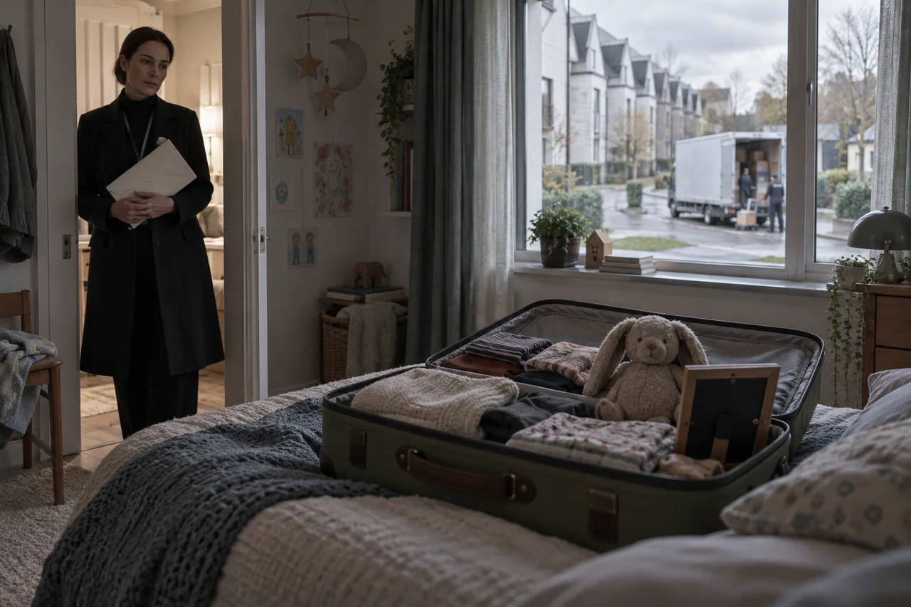A placement officer stands in a bedroom doorway facing a suitcase packed with clothes, a toy rabbit and a picture frame.