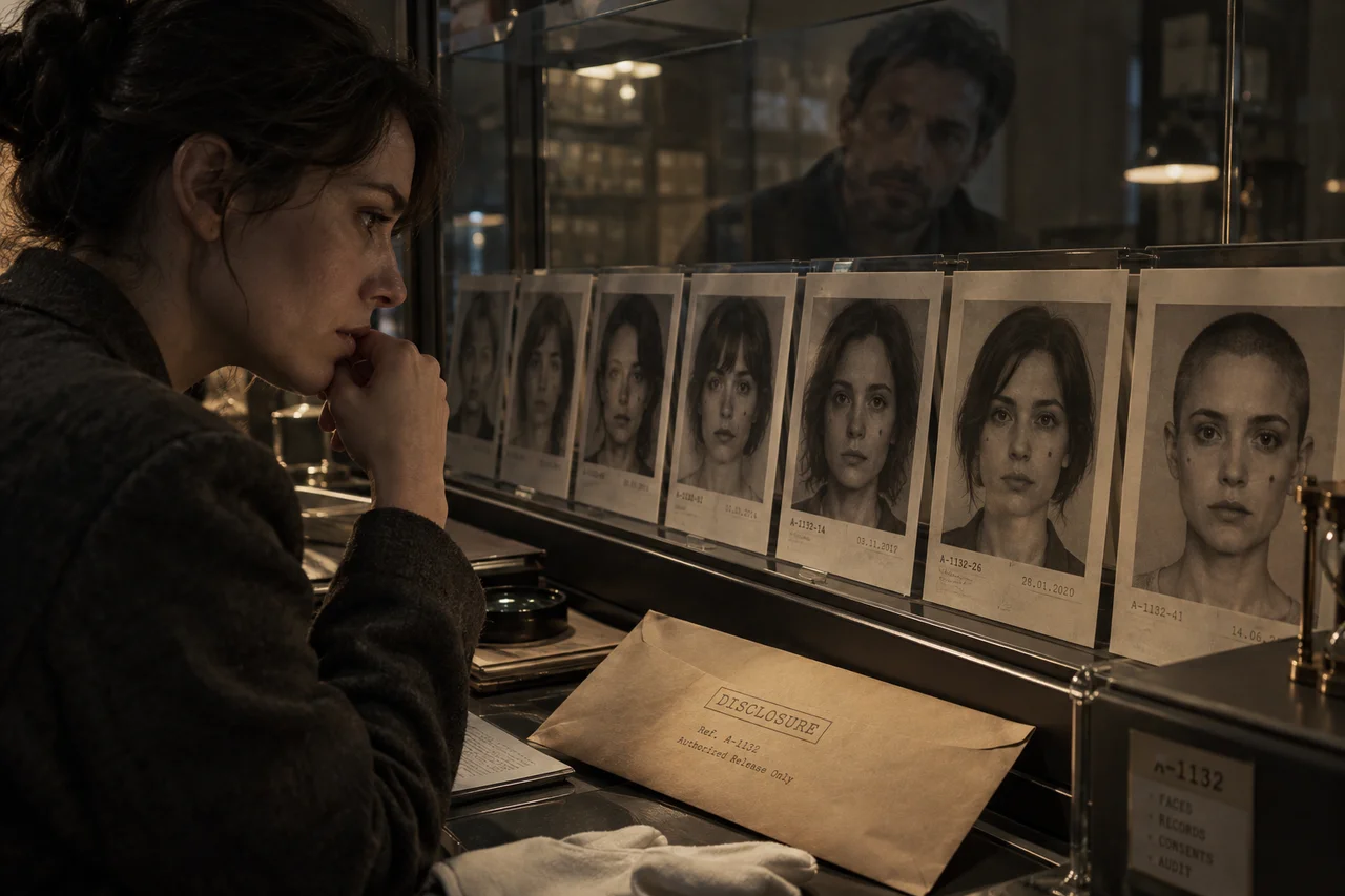 An archivist examines a sequence of former identity portraits behind a disclosure envelope.