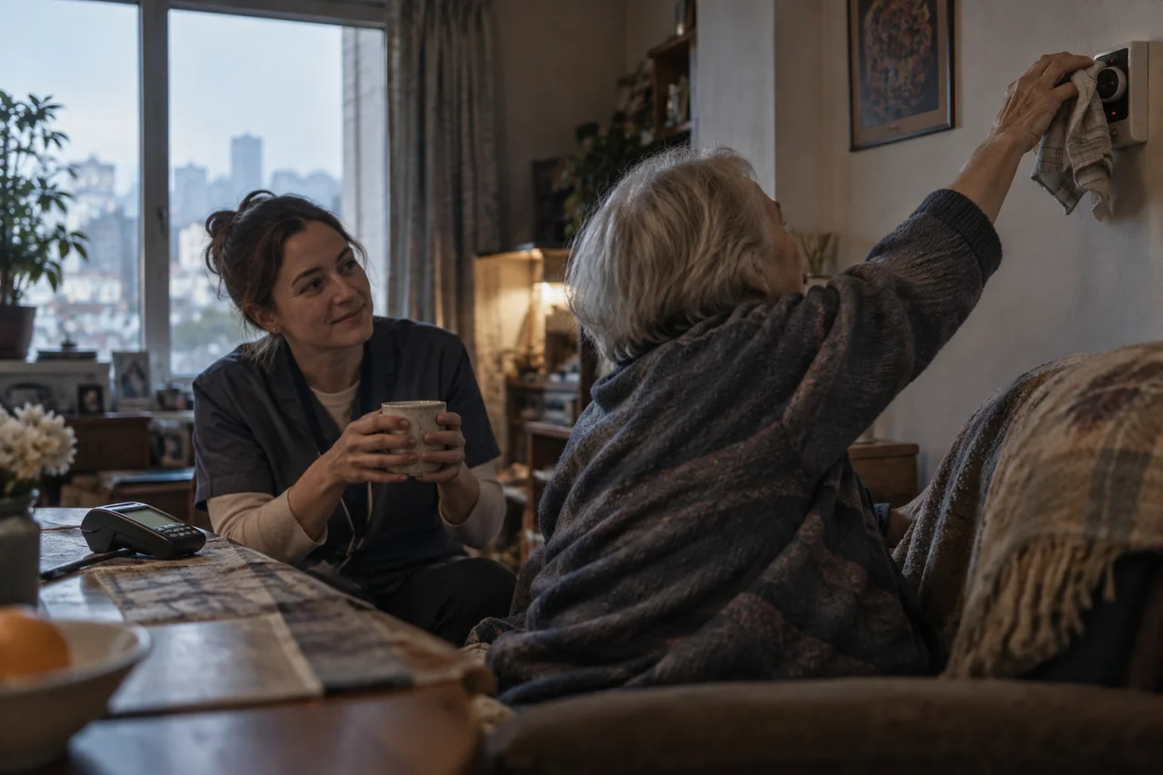 An older client covers a recording camera while a care worker holds a warm drink nearby.