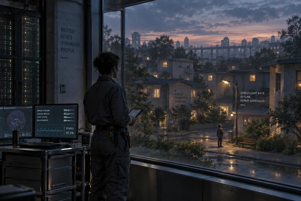 A maintenance engineer looks from a server facility into a persistent dream neighborhood awaiting a streetlamp repair.