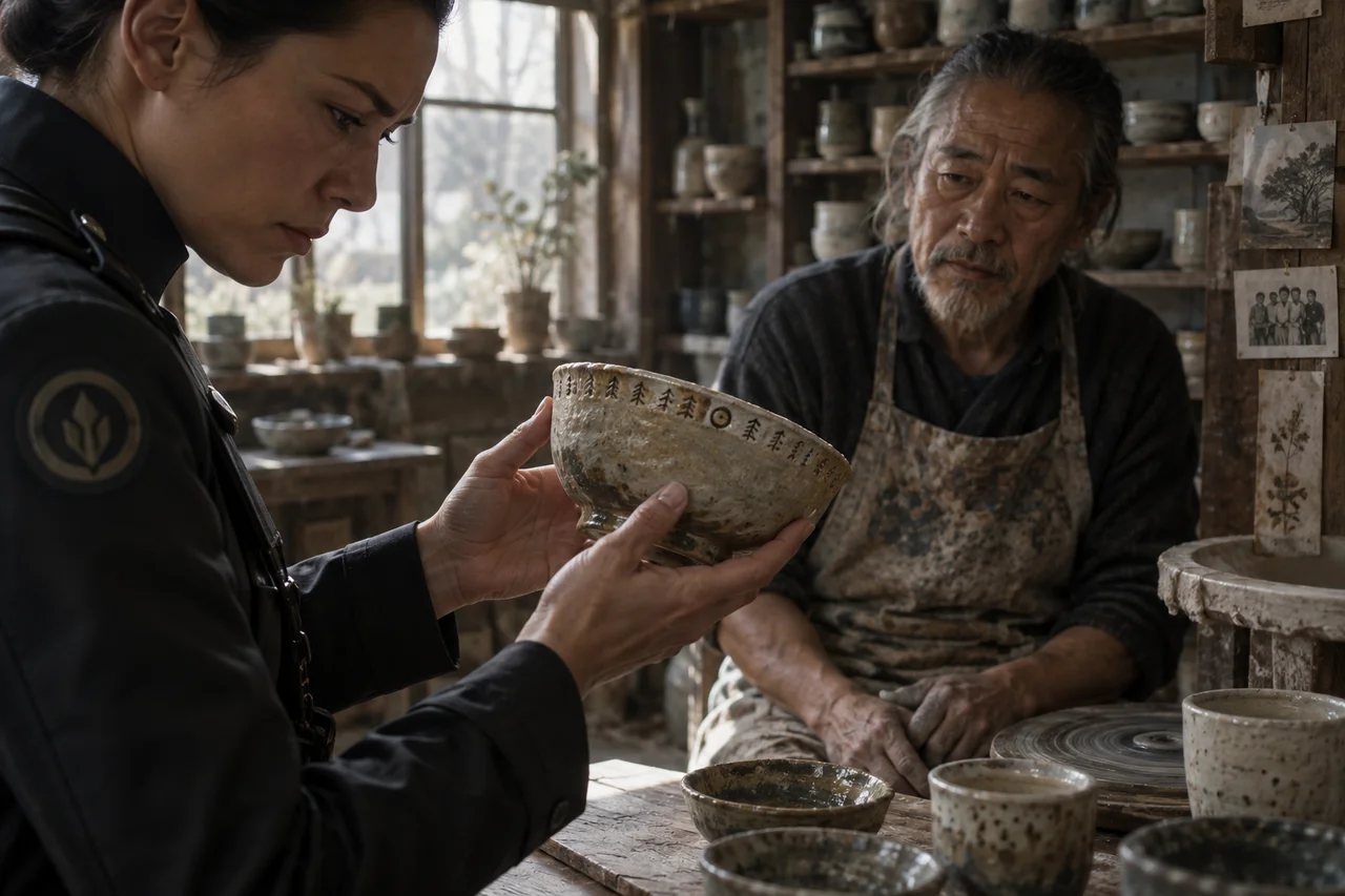 An inspector and potter examine an uneven bowl marked with patterns that preserve family history.